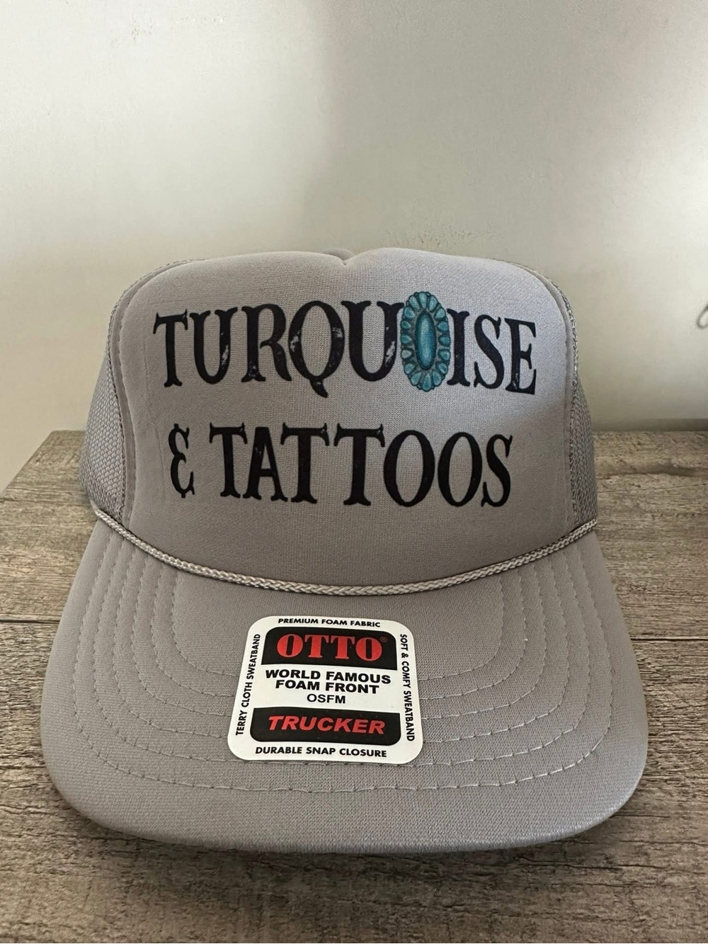 OTTO Gray Trucker Hat with Turquoise Accent "Turquoise & Tattoos"